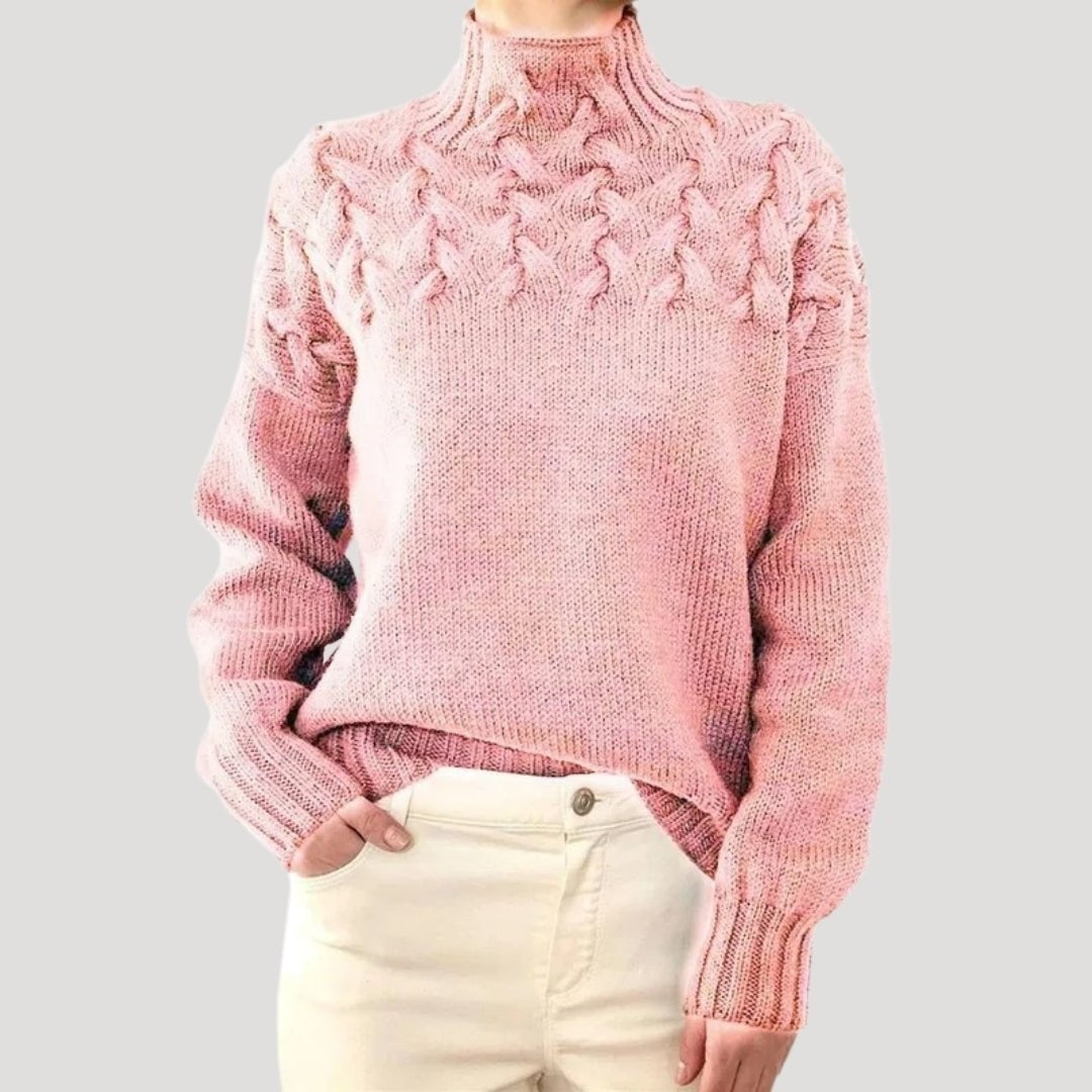 Emma | Pull pour Femme Col Roulé Tressé Coupe Ample - Rose Clair