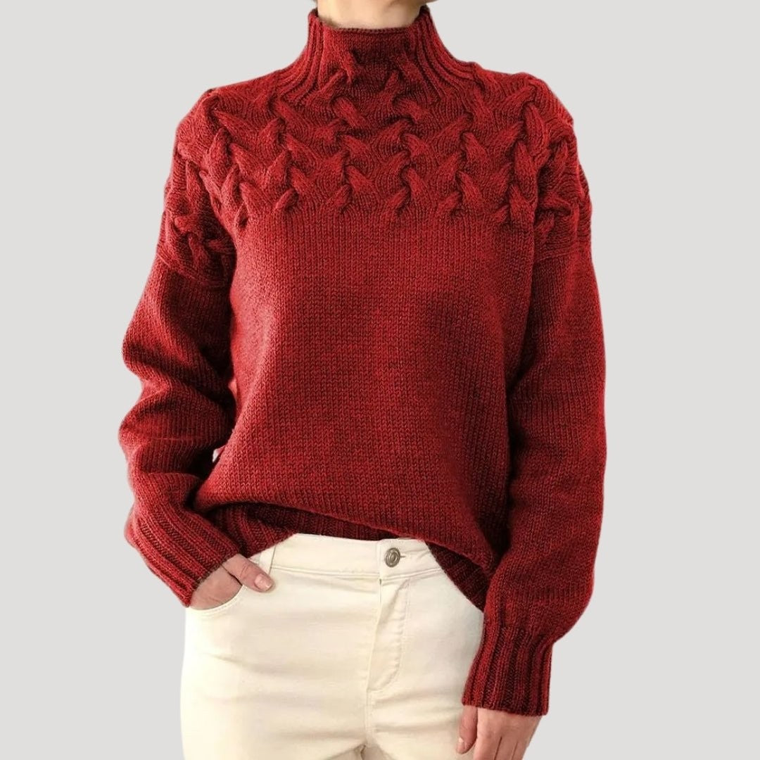 Emma | Pull pour Femme Col Roulé Tressé Coupe Ample - Rouge