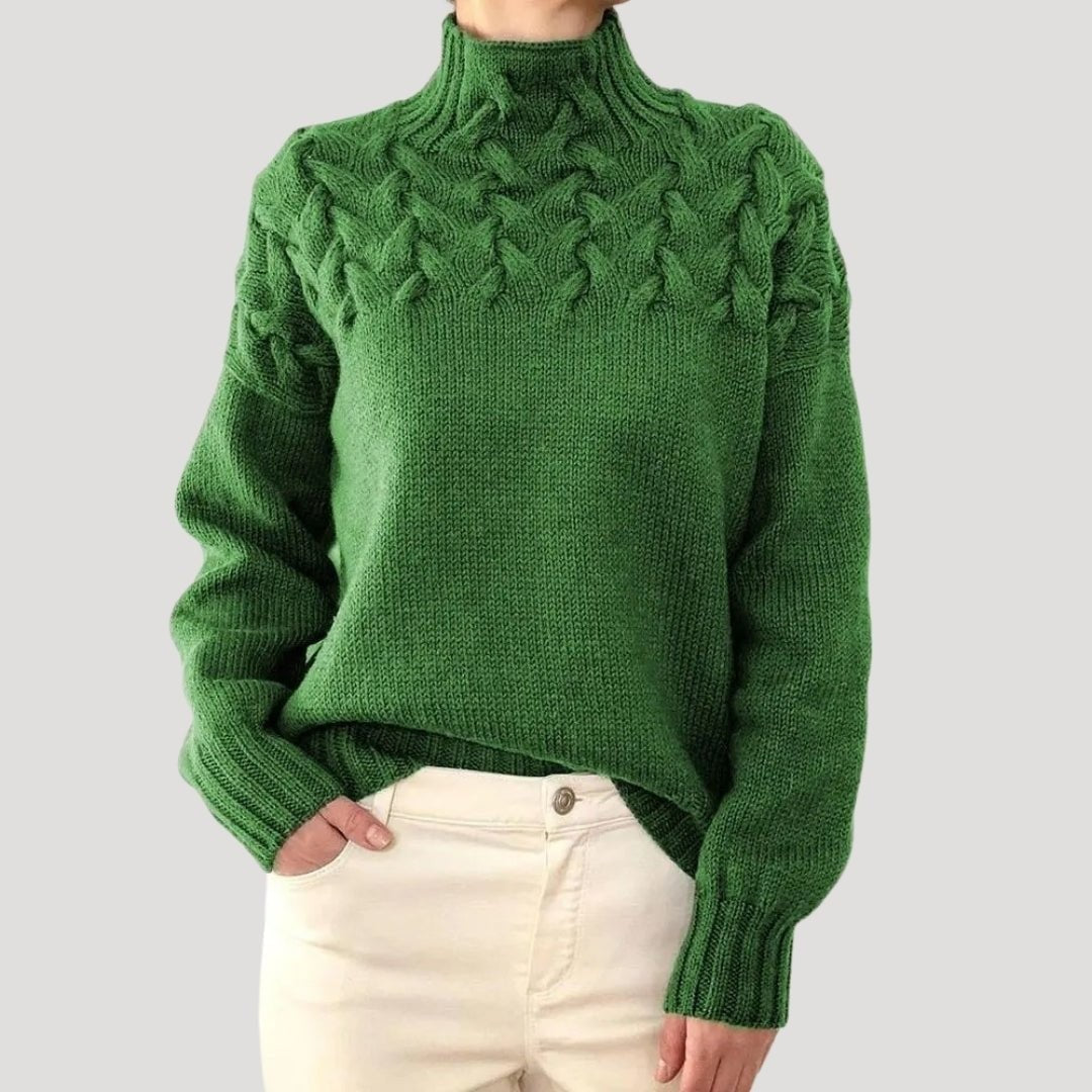 Emma | Pull pour Femme Col Roulé Tressé Coupe Ample - Vert