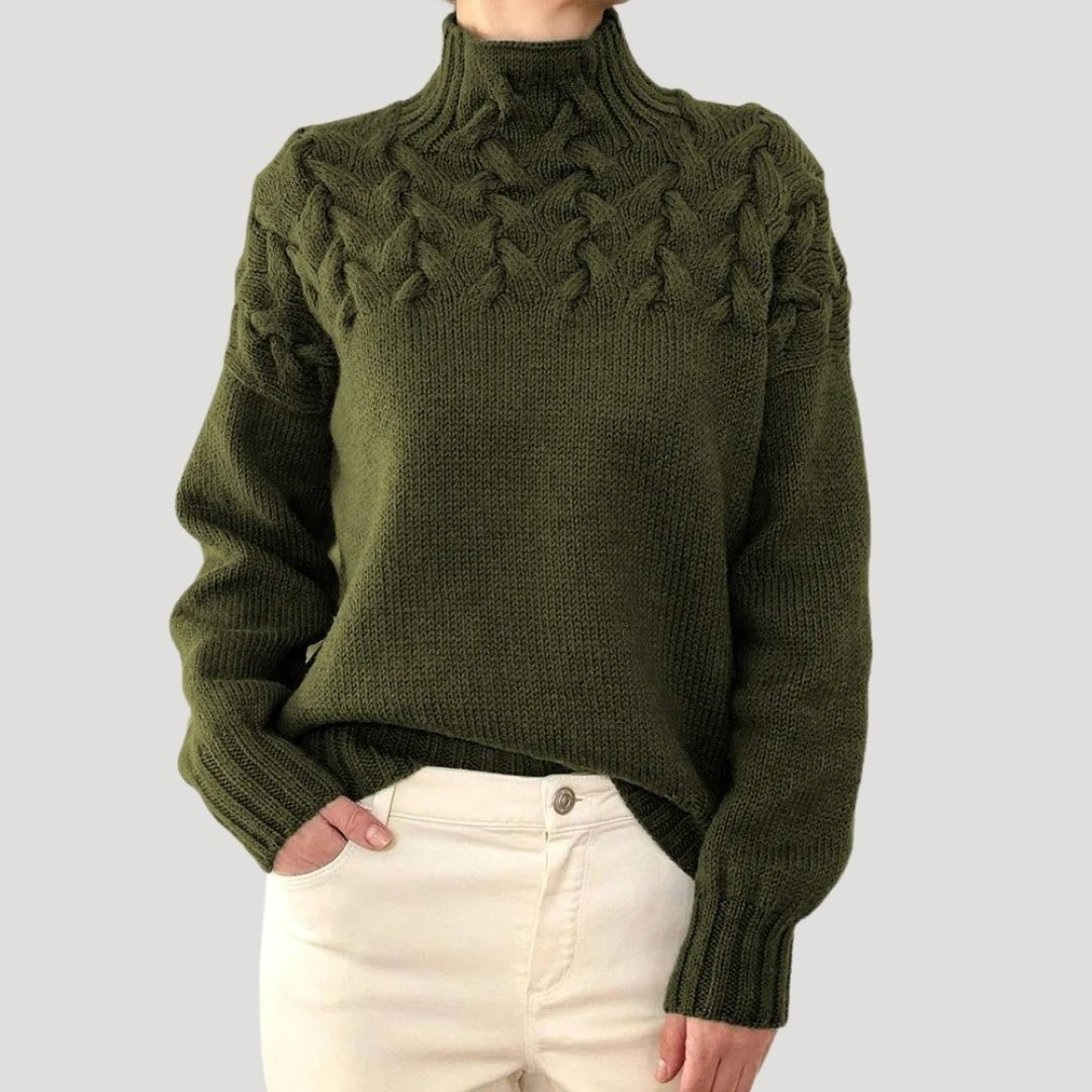Emma | Pull pour Femme Col Roulé Tressé Coupe Ample - Vert Foncé