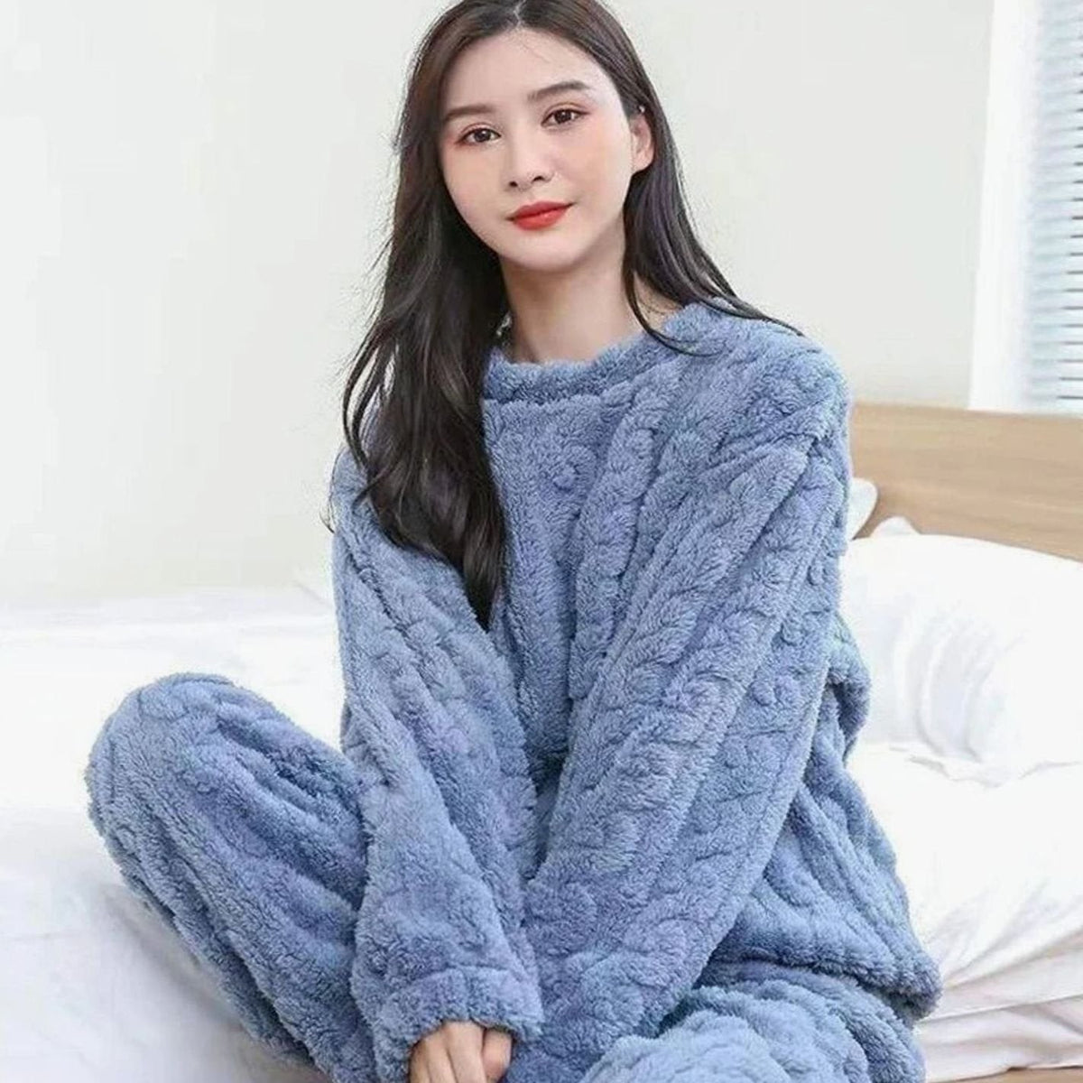 Emma | Pyjama Femme Polaire Coupe Ample Ensemble Deux Pièces Hiver - Bleu