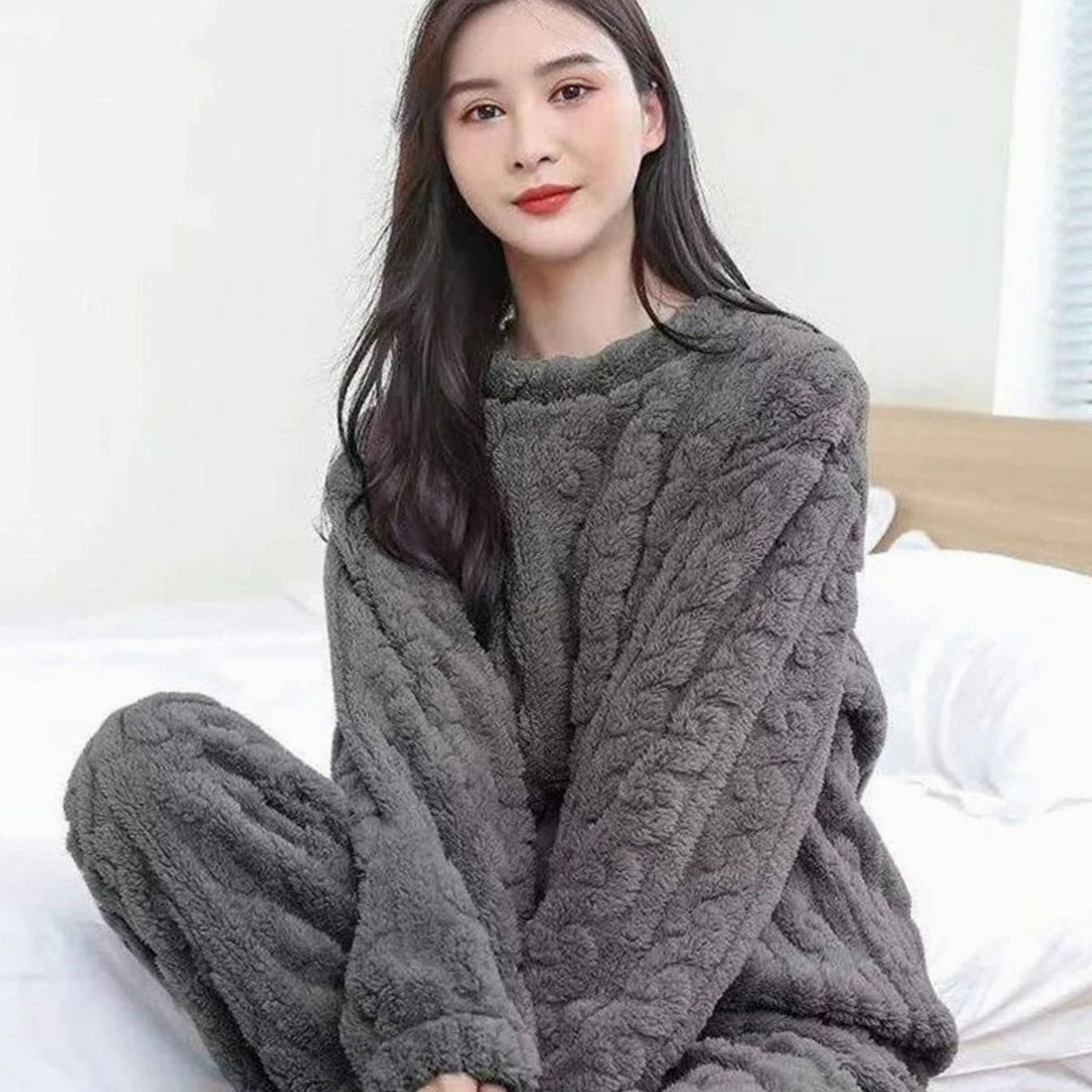 Emma | Pyjama Femme Polaire Coupe Ample Ensemble Deux Pièces Hiver - Gris