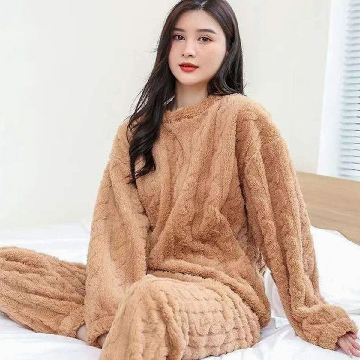 Emma | Pyjama Femme Polaire Coupe Ample Ensemble Deux Pièces Hiver - Kaki