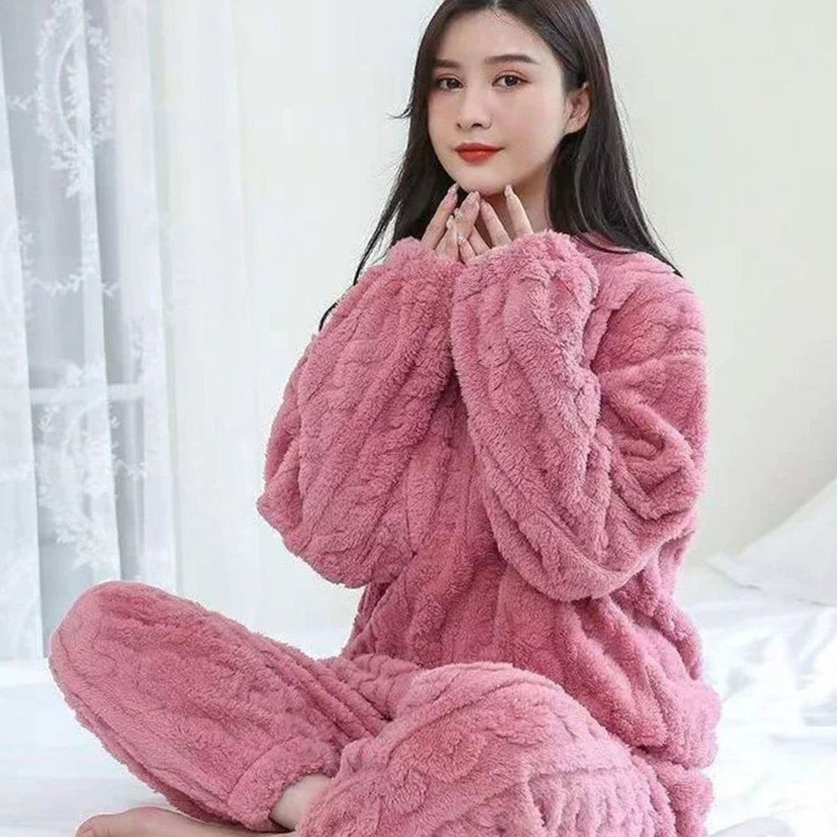 Emma | Pyjama Femme Polaire Coupe Ample Ensemble Deux Pièces Hiver - Rose
