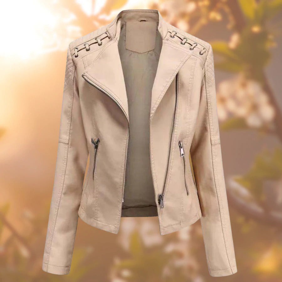 Emma | Veste en simili-cuir pour Femme Coupe Ajustée Col Montant Fermeture Éclair - Kaki