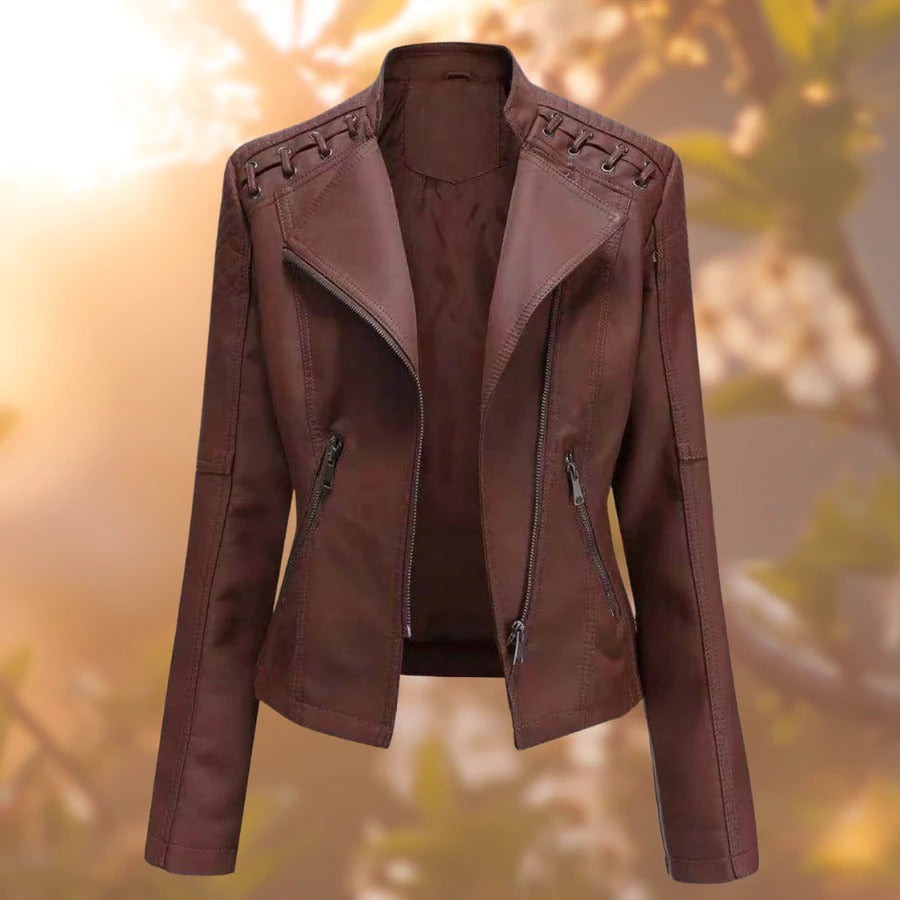 Emma | Veste en simili-cuir pour Femme Coupe Ajustée Col Montant Fermeture Éclair - Marron