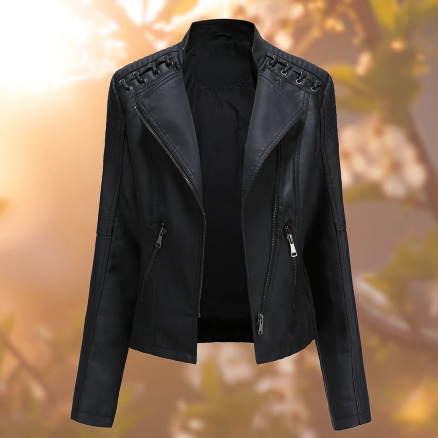 Emma | Veste en simili-cuir pour Femme Coupe Ajustée Col Montant Fermeture Éclair - Noir