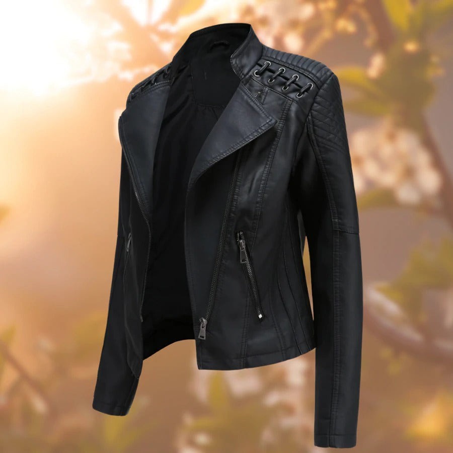 Emma | Veste en simili-cuir pour Femme Coupe Ajustée Col Montant Fermeture Éclair - Noir