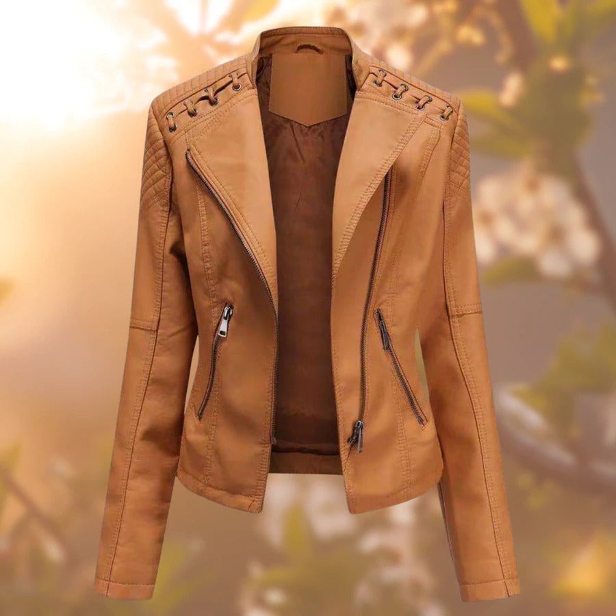 Emma | Veste en simili-cuir pour Femme Coupe Ajustée Col Montant Fermeture Éclair - Orange