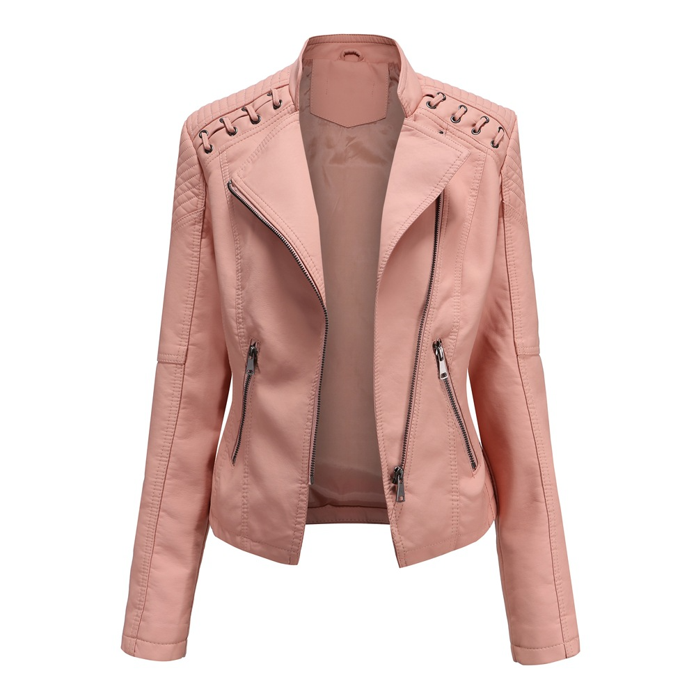 Emma | Veste en simili-cuir pour Femme Coupe Ajustée Col Montant Fermeture Éclair - Rose