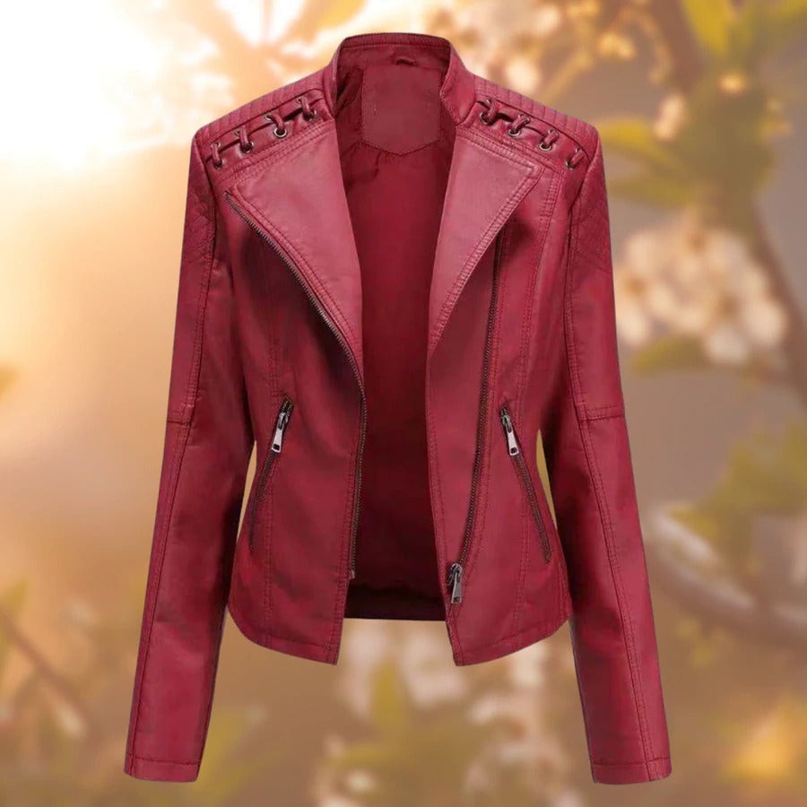 Emma | Veste en simili-cuir pour Femme Coupe Ajustée Col Montant Fermeture Éclair - Rouge
