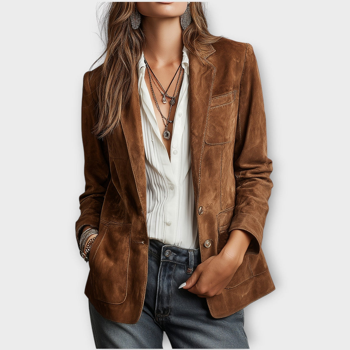 Eva | Blazer pour Femme Vintage Daim Marron Coupe Ajustée Boutons - Marron