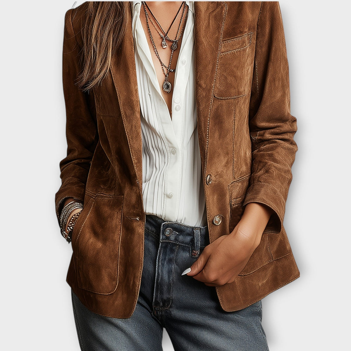 Eva | Blazer pour Femme Vintage Daim Marron Coupe Ajustée Boutons - Marron