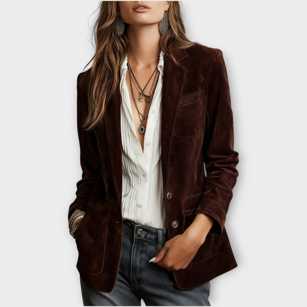 Eva | Blazer pour Femme Vintage Daim Marron Coupe Ajustée Boutons - Marron Foncé