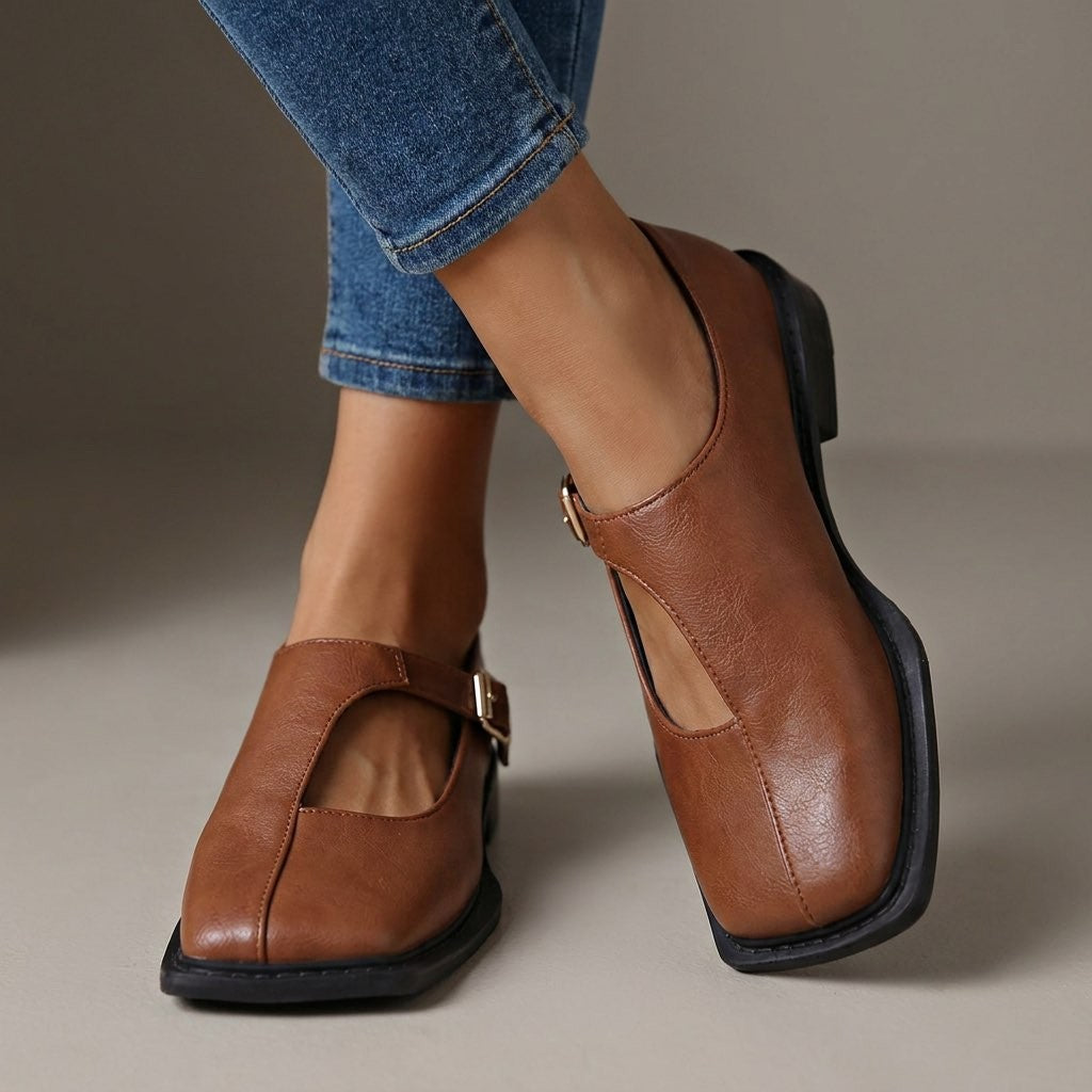 Eva | Chaussures Mary Jane pour Femme Bout Carré Bride Ajustable - Marron