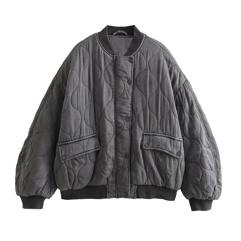 Eva | Pour Femme Coupe Ample Bomberjacke Matelassée Grise Manches Longues - Gris