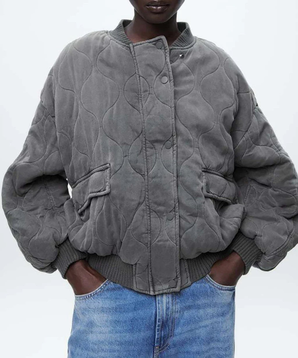 Eva | Pour Femme Coupe Ample Bomberjacke Matelassée Grise Manches Longues - Gris
