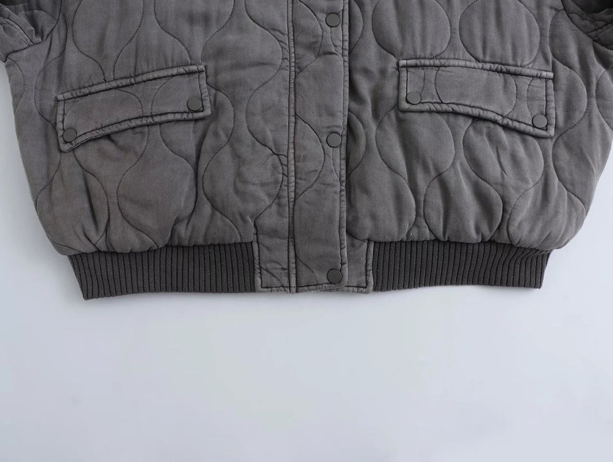 Eva | Pour Femme Coupe Ample Bomberjacke Matelassée Grise Manches Longues - Gris