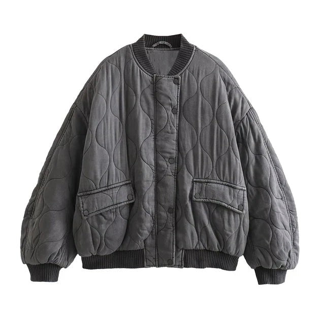 Eva | Pour Femme Coupe Ample Bomberjacke Matelassée Grise Manches Longues - Gris