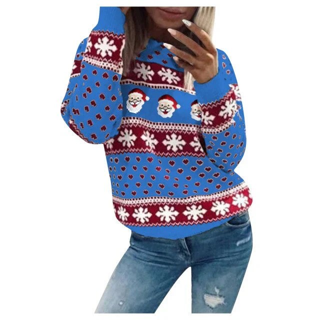 Eva | Pull de Noël pour Femme Motif Père Noël Flocons Coupe Ample - Bleu