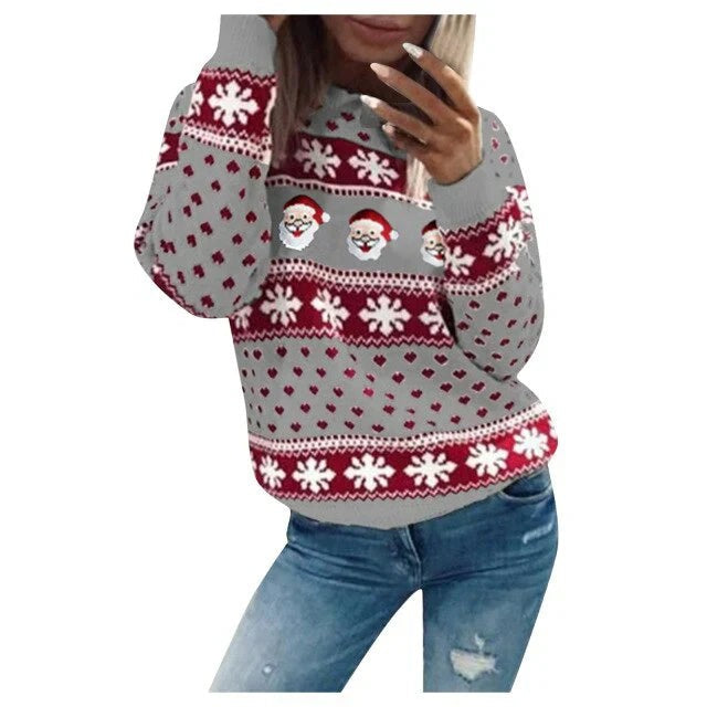 Eva | Pull de Noël pour Femme Motif Père Noël Flocons Coupe Ample - Gris