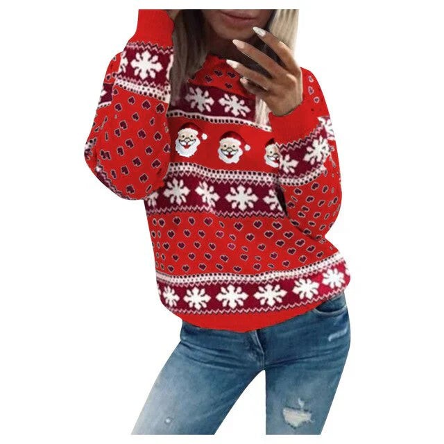 Eva | Pull de Noël pour Femme Motif Père Noël Flocons Coupe Ample - Rouge
