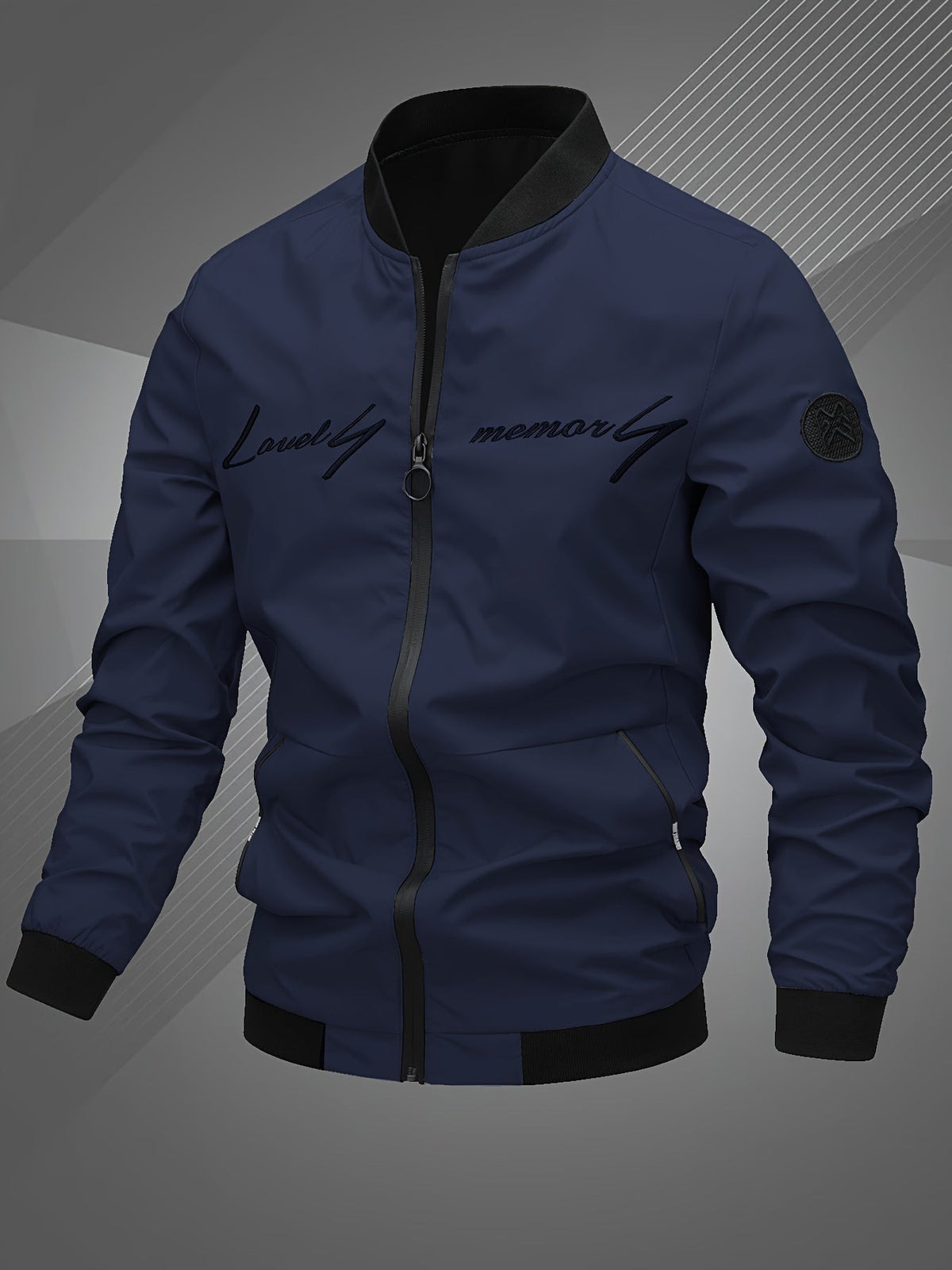 Gabriel | Veste de Baseball pour Homme Coupe Régulière Fermeture Éclair Brodée - Bleu Marine