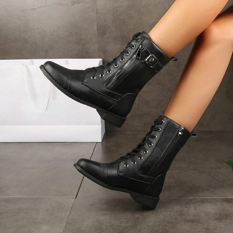 Hugo | Bottes Femme simili-cuir Brillant Détails Cousus Main Hauteur Cheville - Noir