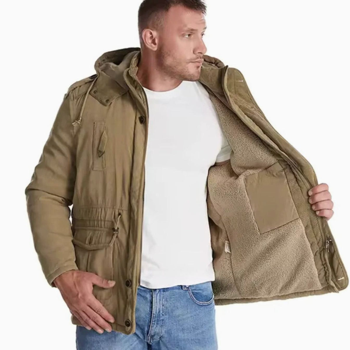 Hugo | Veste Homme Imperméable Coupe-Vent Doublure Polaire Capuche Amovible - Kaki