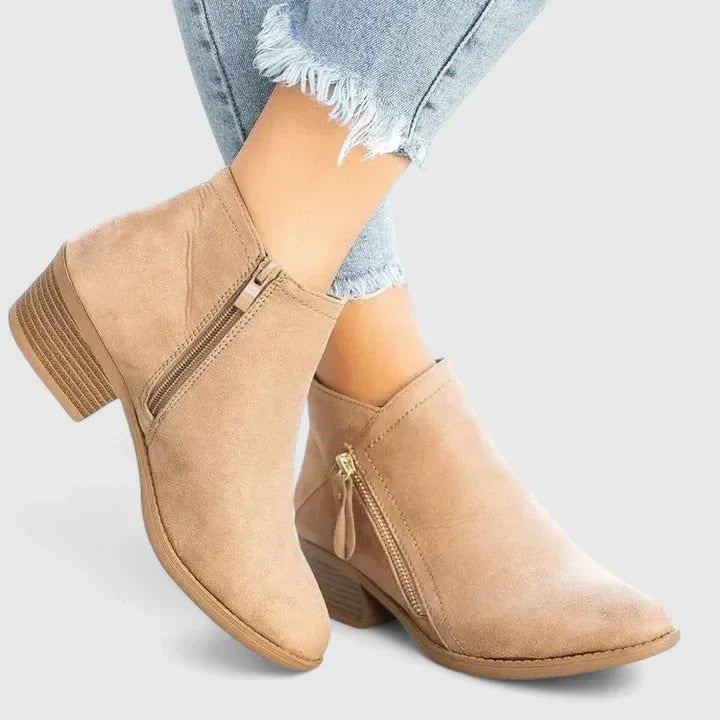 Ines | Bottes Femme Semelle Rembourrée Talon Plat Fermeture Éclair - Beige