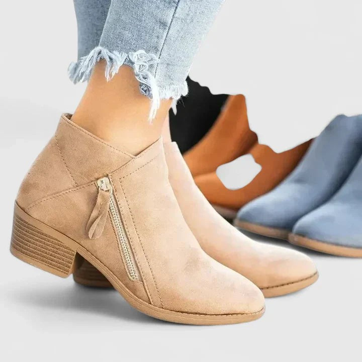 Ines | Bottes Femme Semelle Rembourrée Talon Plat Fermeture Éclair - Beige