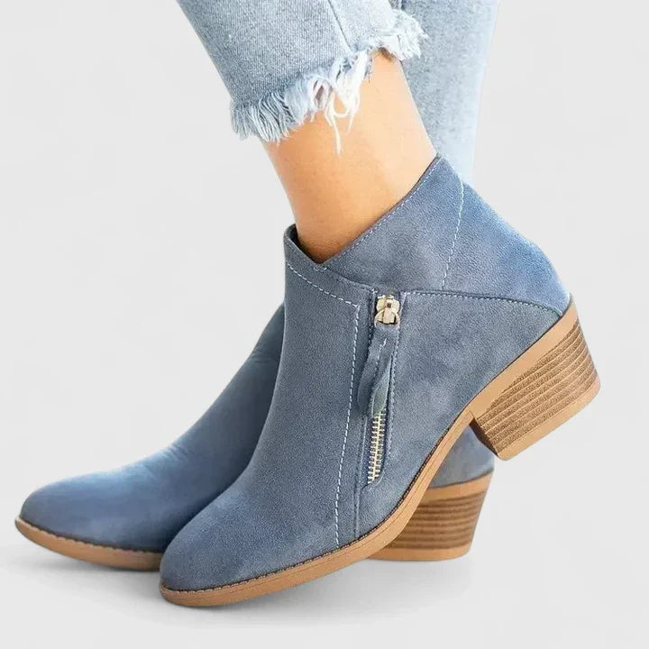 Ines | Bottes Femme Semelle Rembourrée Talon Plat Fermeture Éclair - Bleu