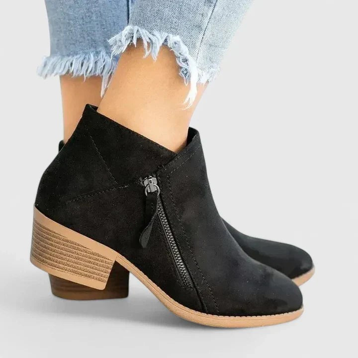 Ines | Bottes Femme Semelle Rembourrée Talon Plat Fermeture Éclair - Noir