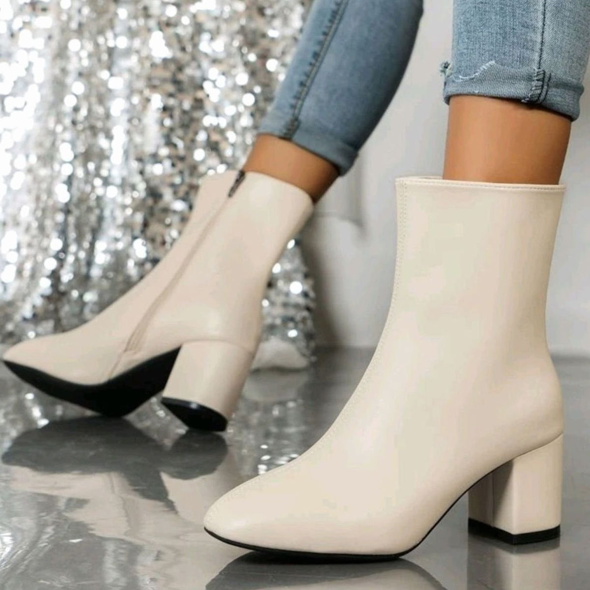 Ines | Bottines pour Femme Talon Bloc Bout Pointu Fermeture Éclair Latérale - Beige