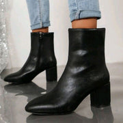 Ines | Bottines pour Femme Talon Bloc Bout Pointu Fermeture Éclair Latérale - Noir