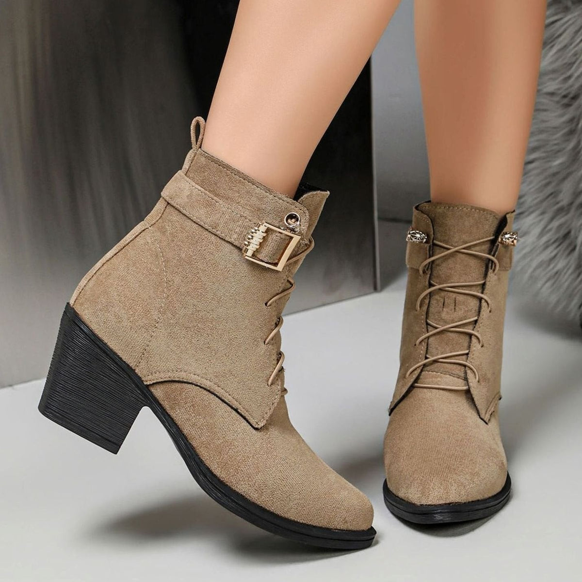 Ines | Bottines pour Femme Talon Bloc Lacées simili-cuir - Kaki