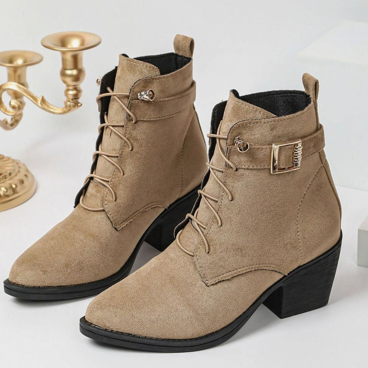 Ines | Bottines pour Femme Talon Bloc Lacées simili-cuir - Kaki