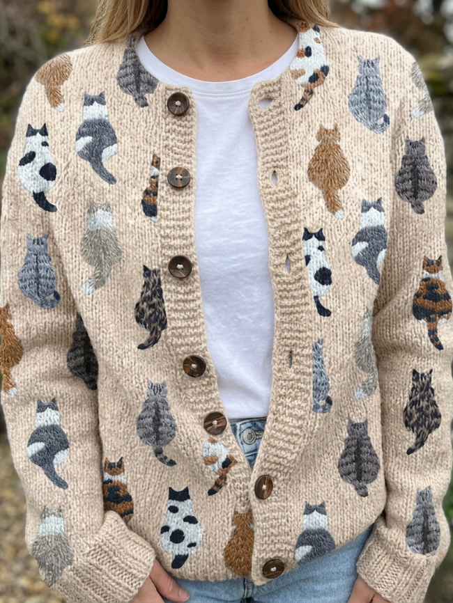 Ines | Cardigan pour Femme Coupe Ample Motif Chat Boutonné - Beige
