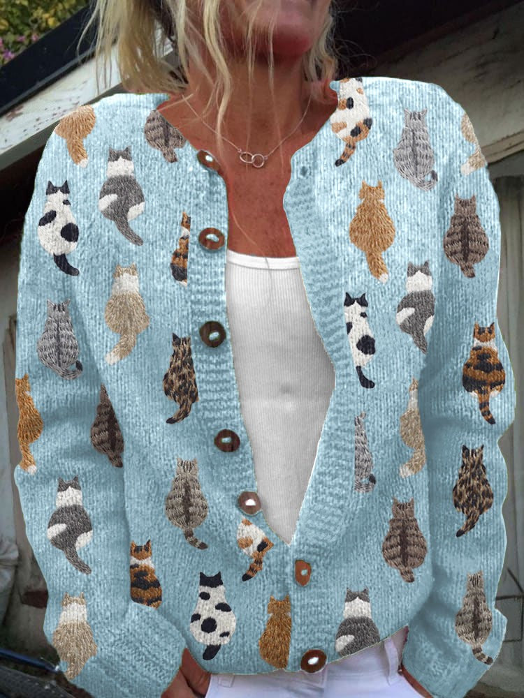 Ines | Cardigan pour Femme Coupe Ample Motif Chat Boutonné - Bleu