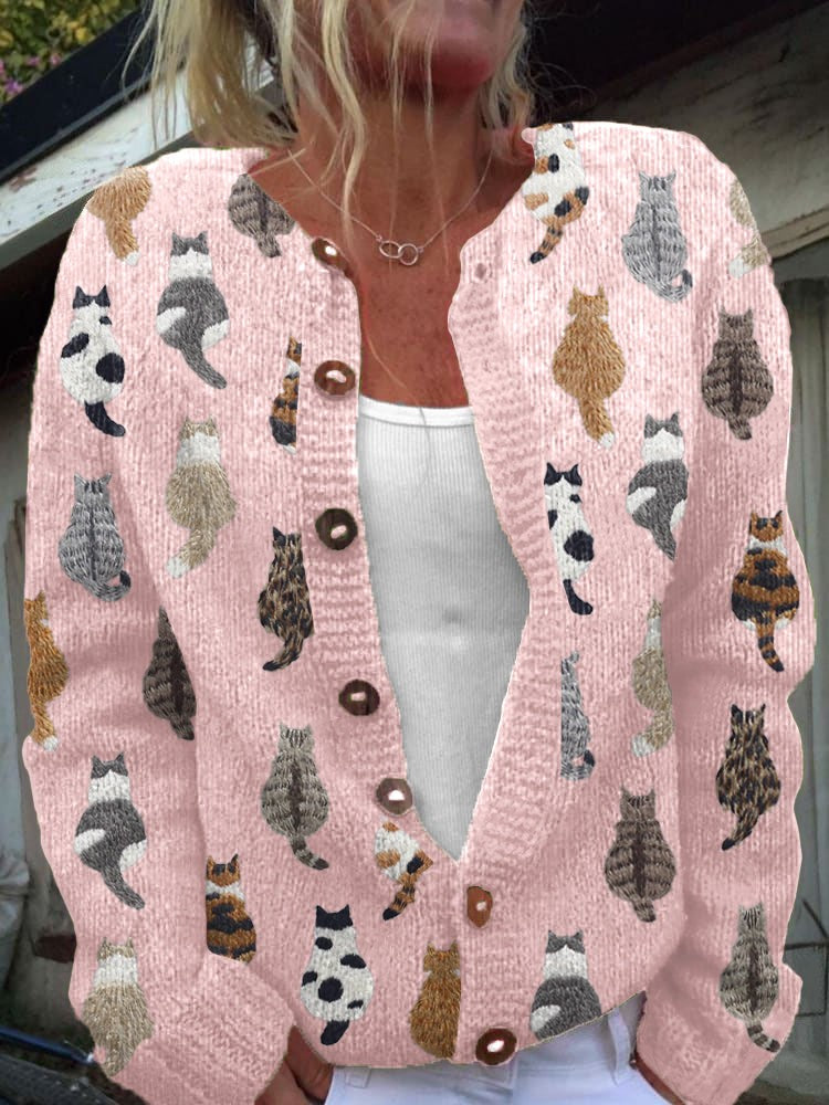 Ines | Cardigan pour Femme Coupe Ample Motif Chat Boutonné - Rose