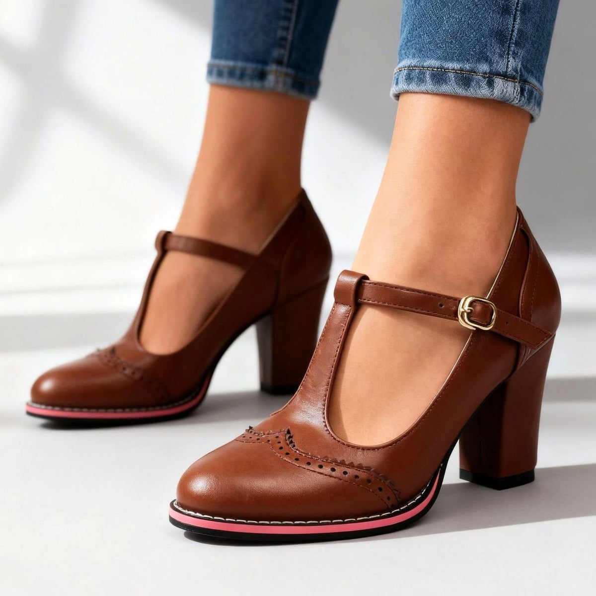 Ines | Escarpins pour Femme Perforé Talon Bloc Lanière T - Marron