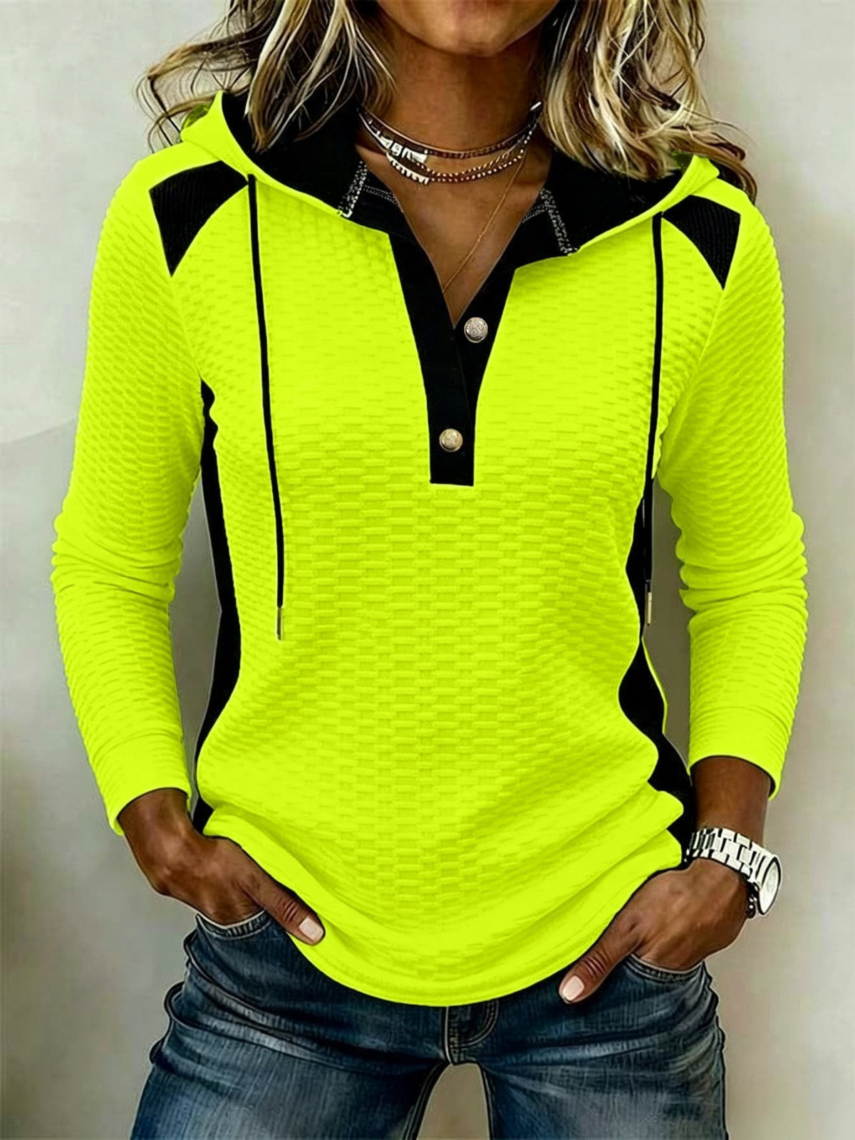 Ines | Haut Femme Texture Capuche Détails Contrastés Manches Longues - Vert
