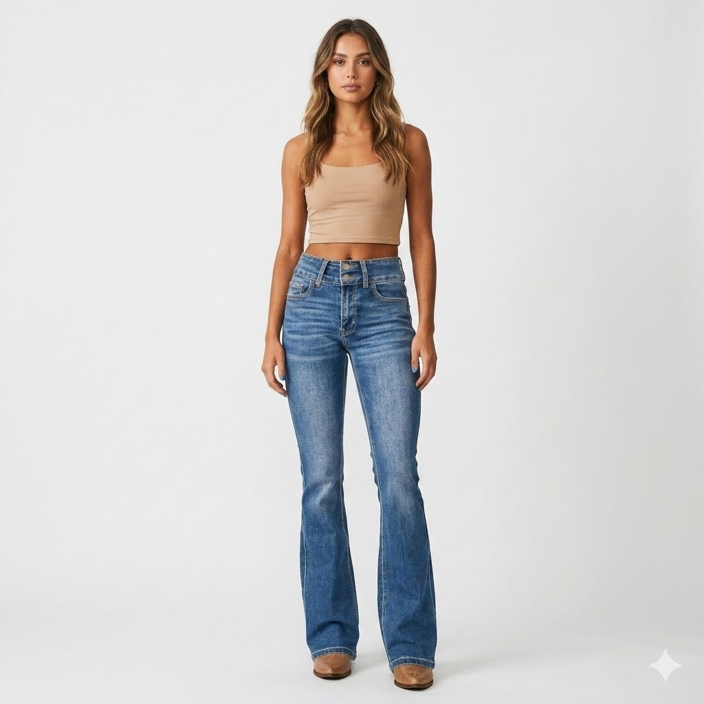 Ines | Jean pour Femme Taille Haute Coupe Évasée Ajustée - Bleu