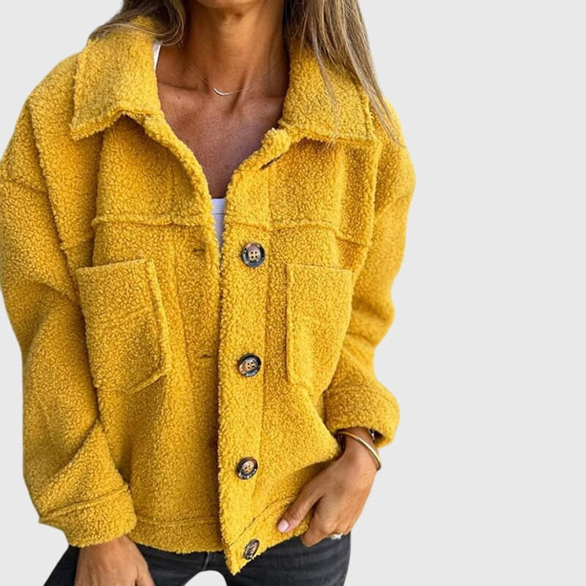 Ines | Veste Polaire Femme Coupe Ample Col Ouvert Boutonnage Avant Sherpa - Jaune