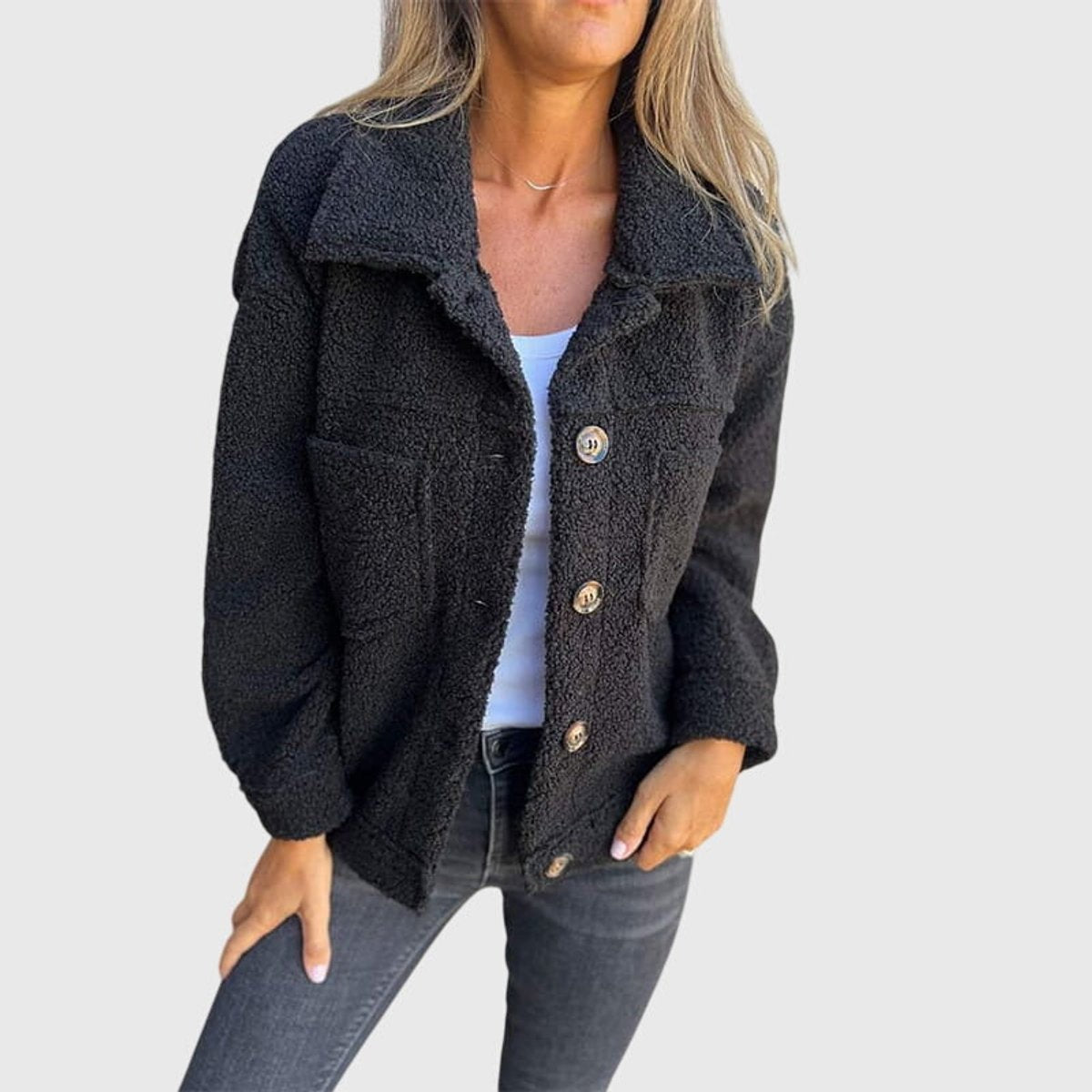 Ines | Veste Polaire Femme Coupe Ample Col Ouvert Boutonnage Avant Sherpa - Noir