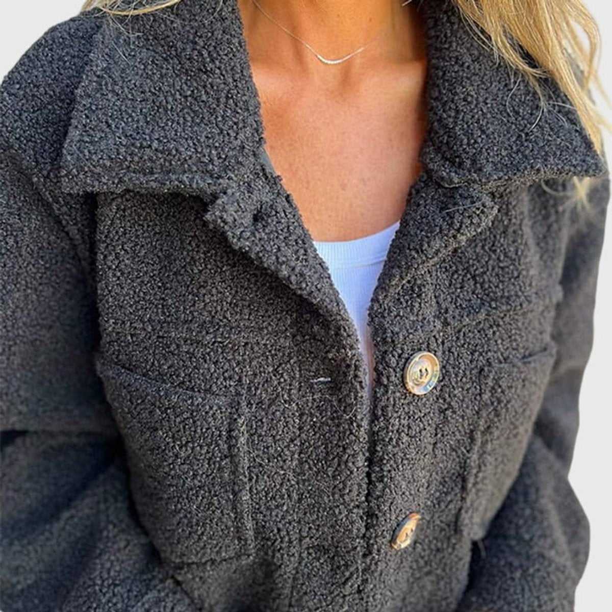Ines | Veste Polaire Femme Coupe Ample Col Ouvert Boutonnage Avant Sherpa - Noir