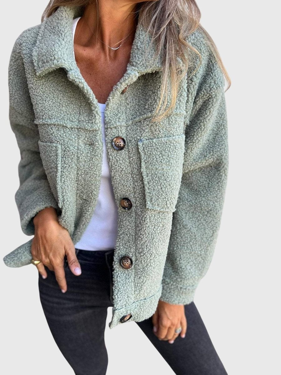 Ines | Veste Polaire Femme Coupe Ample Col Ouvert Boutonnage Avant Sherpa - Vert