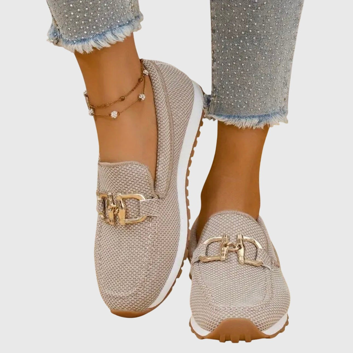 Jade | Baskets Mocassins pour Femme Maille Respirante Semelle Amortissante Détail Doré - Beige