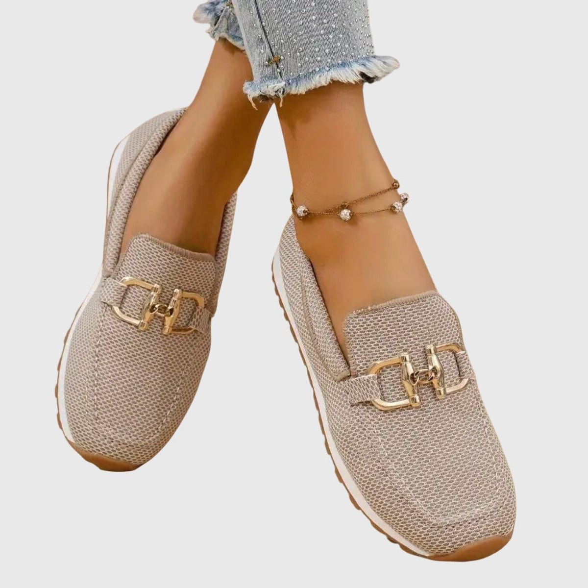 Jade | Baskets Mocassins pour Femme Maille Respirante Semelle Amortissante Détail Doré - Beige