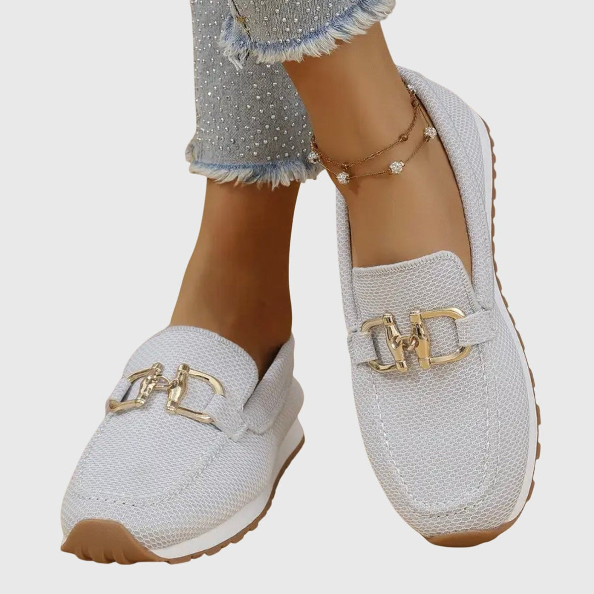 Jade | Baskets Mocassins pour Femme Maille Respirante Semelle Amortissante Détail Doré - Beige